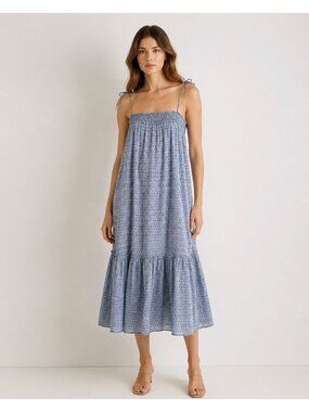 Ulla Johnson Blue Diamond Smocked Tiered Silk Midi Dress Womens Size 6